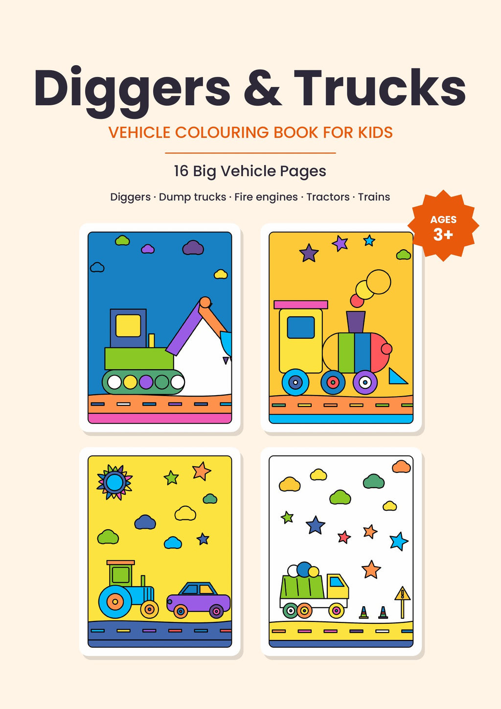 Diggers & Trucks – Kids' Colouring Book (PDF Download)