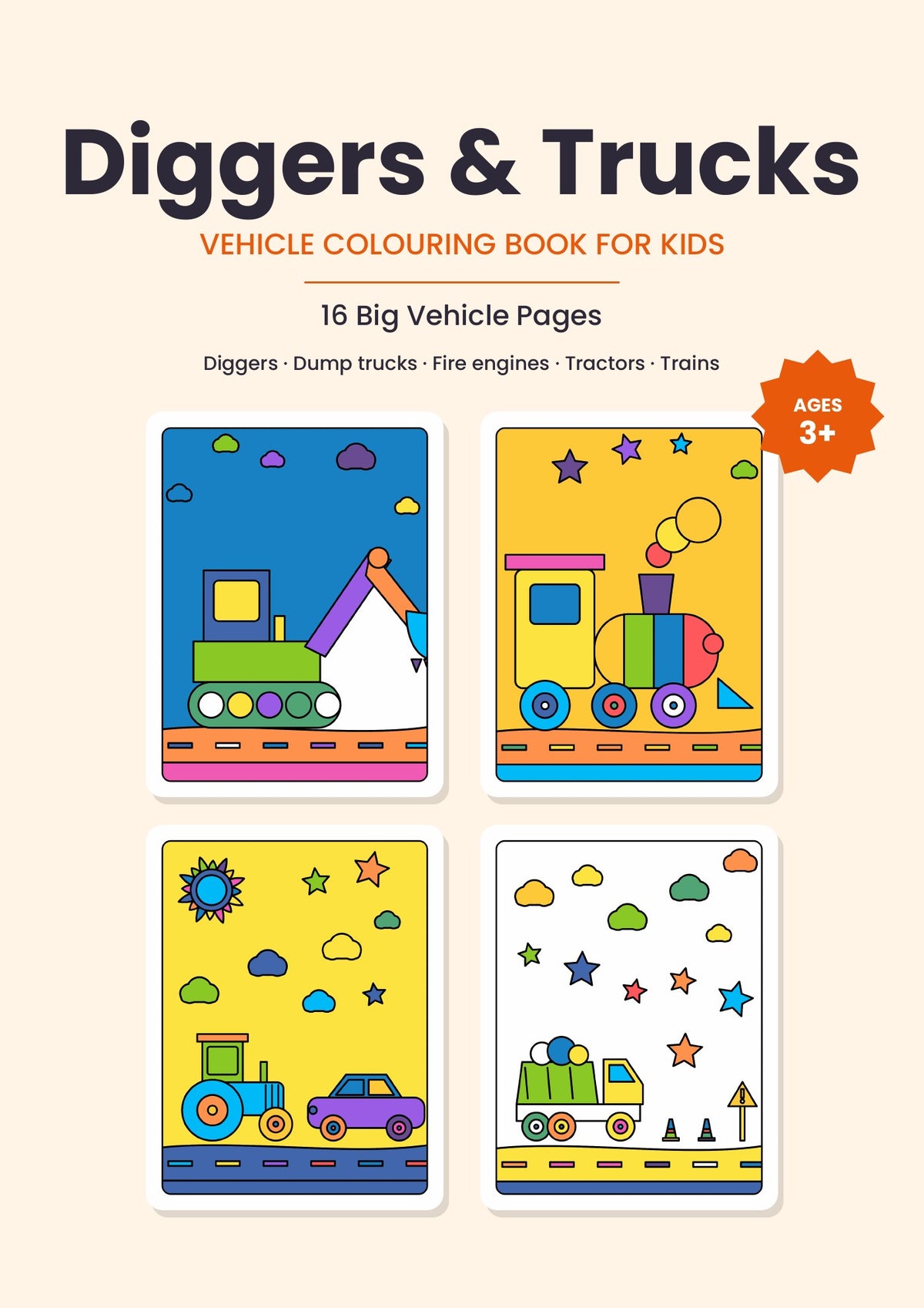 Diggers & Trucks – Kids' Colouring Book (PDF Download)